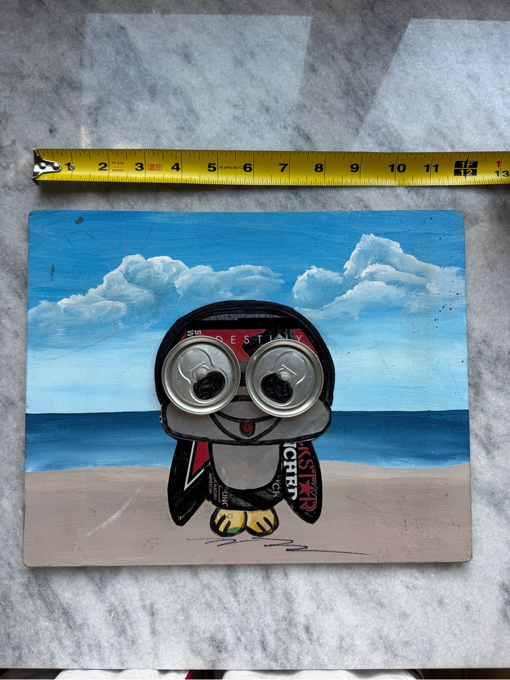 Signed Handcrafted Beach Penguin Mixed-Media Wall Art Original Art